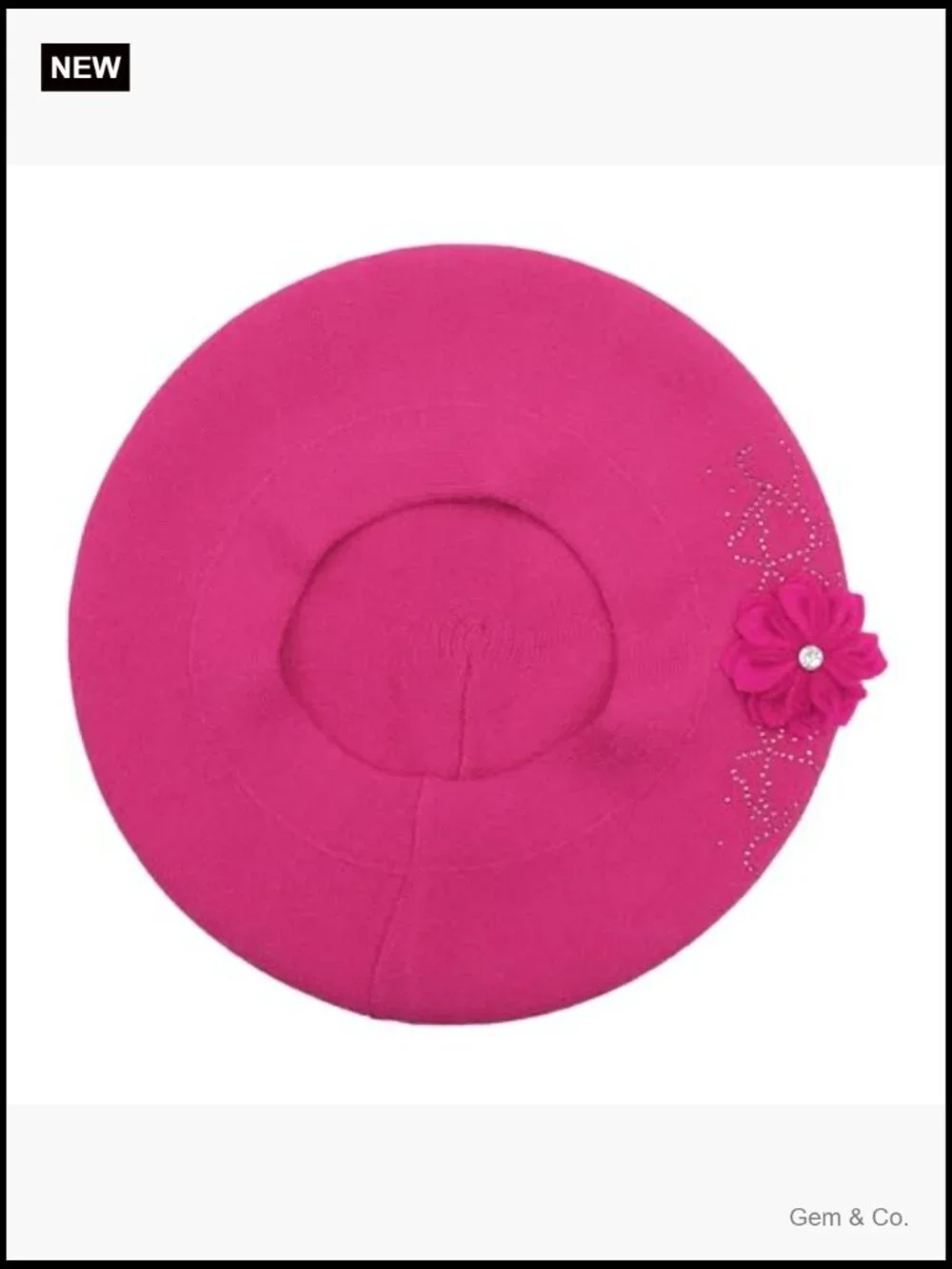 Reversible Knit Beret with Floral Trim - One Size
